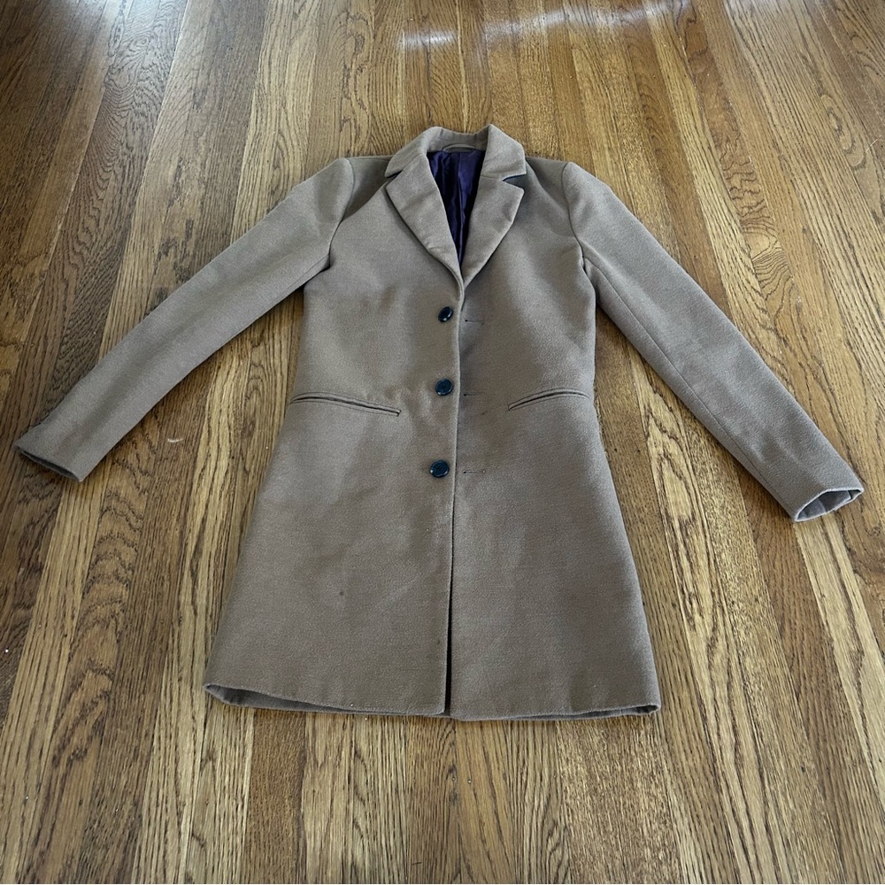 Tan Long Peacoat with Notched Lapels and Tailored Silhouette